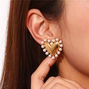💖 Puffy Heart Pearl Stud Earrings | Gold & Silver | Modern Vintage Charm 💖